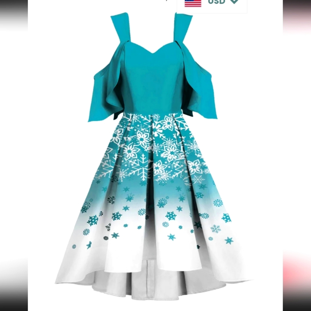 BLUE 1950S OFF SHOULDER SNOWFLAKE DRESS